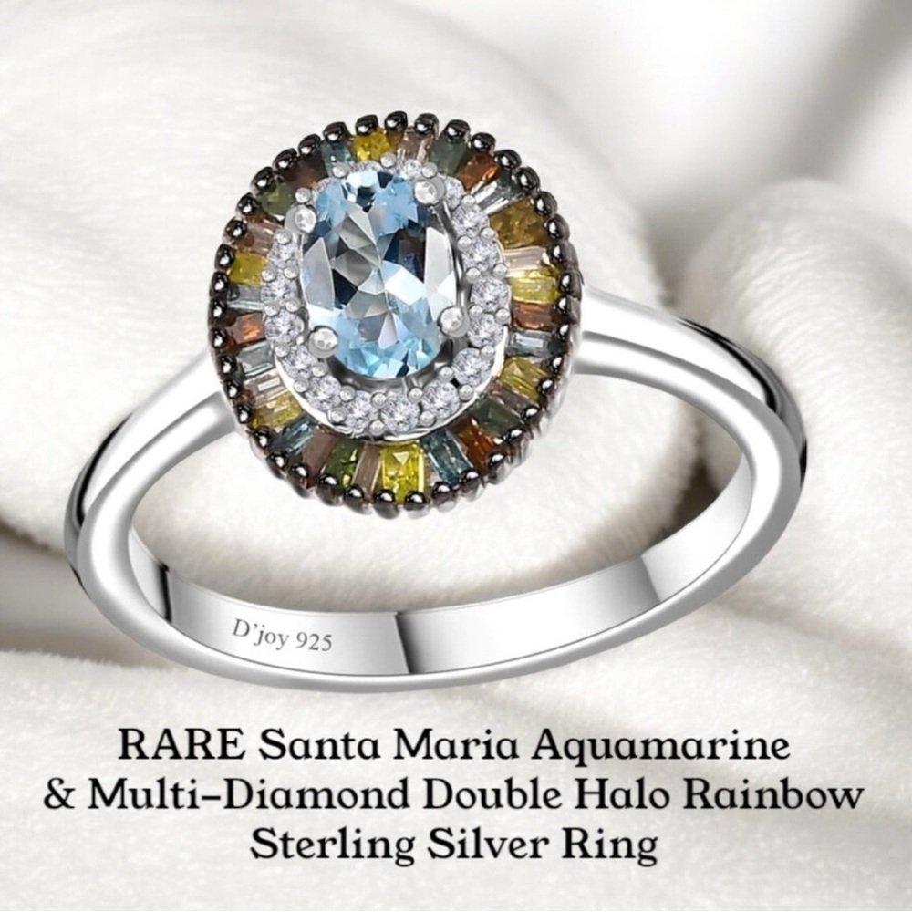 Santa Maria Aquamarine & Multi-Diamond Double Halo Rainbow Ring 925 Sterling
